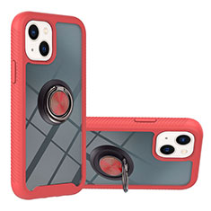 Silicone Matte Finish and Plastic Back Cover Case with Magnetic Finger Ring Stand YB1 for Apple iPhone 15 Red