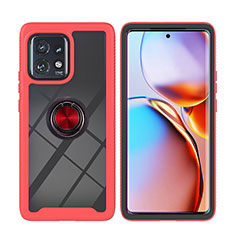 Silicone Matte Finish and Plastic Back Cover Case with Magnetic Finger Ring Stand YB1 for Motorola Moto Edge 40 Pro 5G Red