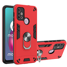 Silicone Matte Finish and Plastic Back Cover Case with Magnetic Finger Ring Stand YB1 for Motorola Moto G20 Red