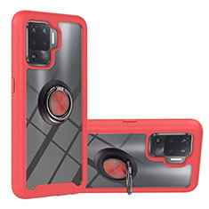 Silicone Matte Finish and Plastic Back Cover Case with Magnetic Finger Ring Stand YB1 for Oppo Reno5 Lite Red