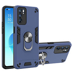 Silicone Matte Finish and Plastic Back Cover Case with Magnetic Finger Ring Stand YB1 for Oppo Reno6 5G Blue