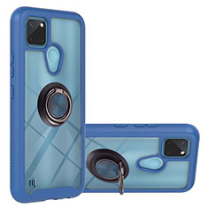 Silicone Matte Finish and Plastic Back Cover Case with Magnetic Finger Ring Stand YB1 for Realme C25Y India Blue