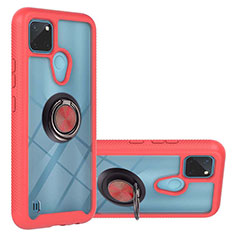 Silicone Matte Finish and Plastic Back Cover Case with Magnetic Finger Ring Stand YB1 for Realme C25Y India Red