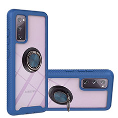 Silicone Matte Finish and Plastic Back Cover Case with Magnetic Finger Ring Stand YB1 for Samsung Galaxy S20 FE 4G Blue