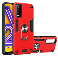 Silicone Matte Finish and Plastic Back Cover Case with Magnetic Finger Ring Stand YB1 for Vivo Y20 (2021) Red