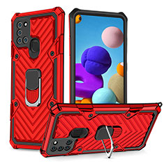Silicone Matte Finish and Plastic Back Cover Case with Magnetic Finger Ring Stand YF1 for Samsung Galaxy A21s Red