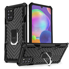 Silicone Matte Finish and Plastic Back Cover Case with Magnetic Finger Ring Stand YF1 for Samsung Galaxy A31 Black