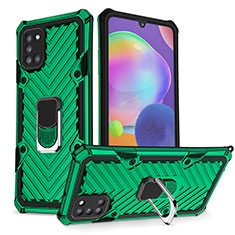 Silicone Matte Finish and Plastic Back Cover Case with Magnetic Finger Ring Stand YF1 for Samsung Galaxy A31 Green