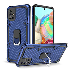 Silicone Matte Finish and Plastic Back Cover Case with Magnetic Finger Ring Stand YF1 for Samsung Galaxy A71 4G A715 Blue