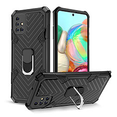 Silicone Matte Finish and Plastic Back Cover Case with Magnetic Finger Ring Stand YF1 for Samsung Galaxy A71 5G Black