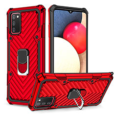Silicone Matte Finish and Plastic Back Cover Case with Magnetic Finger Ring Stand YF1 for Samsung Galaxy F02S SM-E025F Red