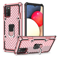 Silicone Matte Finish and Plastic Back Cover Case with Magnetic Finger Ring Stand YF1 for Samsung Galaxy F02S SM-E025F Rose Gold