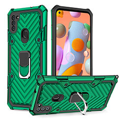 Silicone Matte Finish and Plastic Back Cover Case with Magnetic Finger Ring Stand YF1 for Samsung Galaxy M11 Green