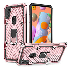 Silicone Matte Finish and Plastic Back Cover Case with Magnetic Finger Ring Stand YF1 for Samsung Galaxy M11 Rose Gold