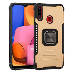 Silicone Matte Finish and Plastic Back Cover Case with Magnetic Finger Ring Stand ZJ2 for Samsung Galaxy A20s Gold