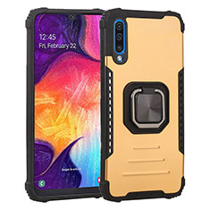 Silicone Matte Finish and Plastic Back Cover Case with Magnetic Finger Ring Stand ZJ2 for Samsung Galaxy A30S Gold