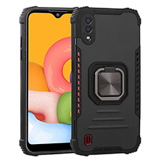 Silicone Matte Finish and Plastic Back Cover Case with Magnetic Finger Ring Stand ZJ2 for Samsung Galaxy M01 Black