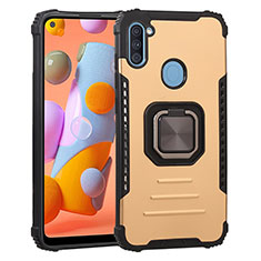 Silicone Matte Finish and Plastic Back Cover Case with Magnetic Finger Ring Stand ZJ2 for Samsung Galaxy M11 Gold