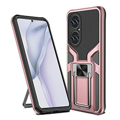 Silicone Matte Finish and Plastic Back Cover Case with Magnetic Finger Ring Stand ZL1 for Huawei P50 Rose Gold