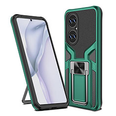 Silicone Matte Finish and Plastic Back Cover Case with Magnetic Finger Ring Stand ZL1 for Huawei P50e Green