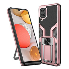 Silicone Matte Finish and Plastic Back Cover Case with Magnetic Finger Ring Stand ZL1 for Samsung Galaxy A12 Nacho Rose Gold