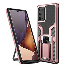 Silicone Matte Finish and Plastic Back Cover Case with Magnetic Finger Ring Stand ZL1 for Samsung Galaxy Note 20 5G Rose Gold