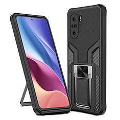 Silicone Matte Finish and Plastic Back Cover Case with Magnetic Finger Ring Stand ZL1 for Xiaomi Poco F3 5G Black