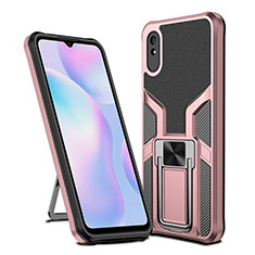 Silicone Matte Finish and Plastic Back Cover Case with Magnetic Finger Ring Stand ZL1 for Xiaomi Redmi 9AT Rose Gold
