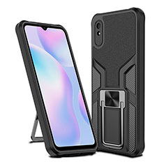 Silicone Matte Finish and Plastic Back Cover Case with Magnetic Finger Ring Stand ZL1 for Xiaomi Redmi 9i Black
