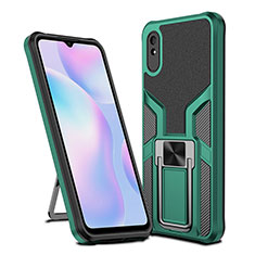 Silicone Matte Finish and Plastic Back Cover Case with Magnetic Finger Ring Stand ZL1 for Xiaomi Redmi 9i Green
