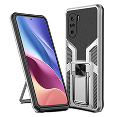 Silicone Matte Finish and Plastic Back Cover Case with Magnetic Finger Ring Stand ZL1 for Xiaomi Redmi K40 Pro+ Plus 5G Silver