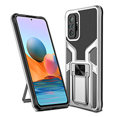 Silicone Matte Finish and Plastic Back Cover Case with Magnetic Finger Ring Stand ZL1 for Xiaomi Redmi Note 10 Pro Max Silver