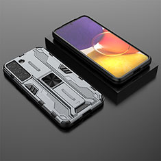 Silicone Matte Finish and Plastic Back Cover Case with Magnetic Stand A01 for Samsung Galaxy S21 FE 5G Gray