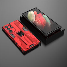 Silicone Matte Finish and Plastic Back Cover Case with Magnetic Stand A01 for Samsung Galaxy S21 Ultra 5G Red