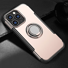 Silicone Matte Finish and Plastic Back Cover Case with Magnetic Stand A08 for Apple iPhone 13 Pro Rose Gold