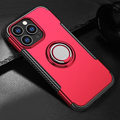 Silicone Matte Finish and Plastic Back Cover Case with Magnetic Stand A08 for Apple iPhone 15 Pro Red