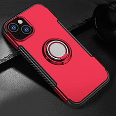 Silicone Matte Finish and Plastic Back Cover Case with Magnetic Stand A08 for Apple iPhone 15 Red