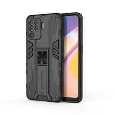 Silicone Matte Finish and Plastic Back Cover Case with Magnetic Stand for Oppo A94 4G Black