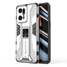 Silicone Matte Finish and Plastic Back Cover Case with Magnetic Stand for Oppo Find X5 Pro 5G White