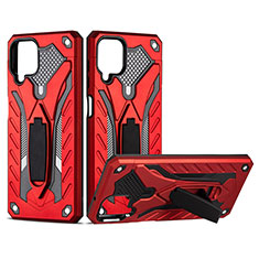 Silicone Matte Finish and Plastic Back Cover Case with Magnetic Stand for Samsung Galaxy F12 Red