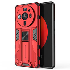 Silicone Matte Finish and Plastic Back Cover Case with Magnetic Stand for Xiaomi Mi 12 Ultra 5G Red