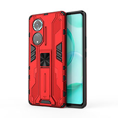 Silicone Matte Finish and Plastic Back Cover Case with Magnetic Stand KC1 for Huawei Honor 50 Pro 5G Red