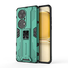 Silicone Matte Finish and Plastic Back Cover Case with Magnetic Stand KC1 for Huawei P50 Pro Green