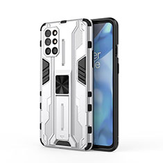 Silicone Matte Finish and Plastic Back Cover Case with Magnetic Stand KC1 for OnePlus 9R 5G Silver