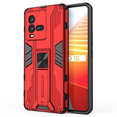 Silicone Matte Finish and Plastic Back Cover Case with Magnetic Stand KC1 for Vivo iQOO 9T 5G Red