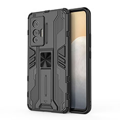 Silicone Matte Finish and Plastic Back Cover Case with Magnetic Stand KC1 for Vivo X70 5G Black