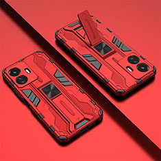 Silicone Matte Finish and Plastic Back Cover Case with Magnetic Stand KC1 for Vivo Y77 5G Red