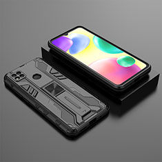 Silicone Matte Finish and Plastic Back Cover Case with Magnetic Stand KC1 for Xiaomi POCO C3 Black