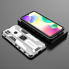 Silicone Matte Finish and Plastic Back Cover Case with Magnetic Stand KC1 for Xiaomi POCO C31 Silver