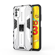 Silicone Matte Finish and Plastic Back Cover Case with Magnetic Stand KC1 for Xiaomi Poco M3 Silver